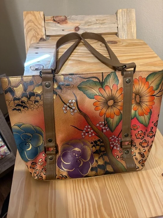 Anuschka Hand-Painted Floral Leather Tote Bag in Multicolor EUC - Picture 4 of 10